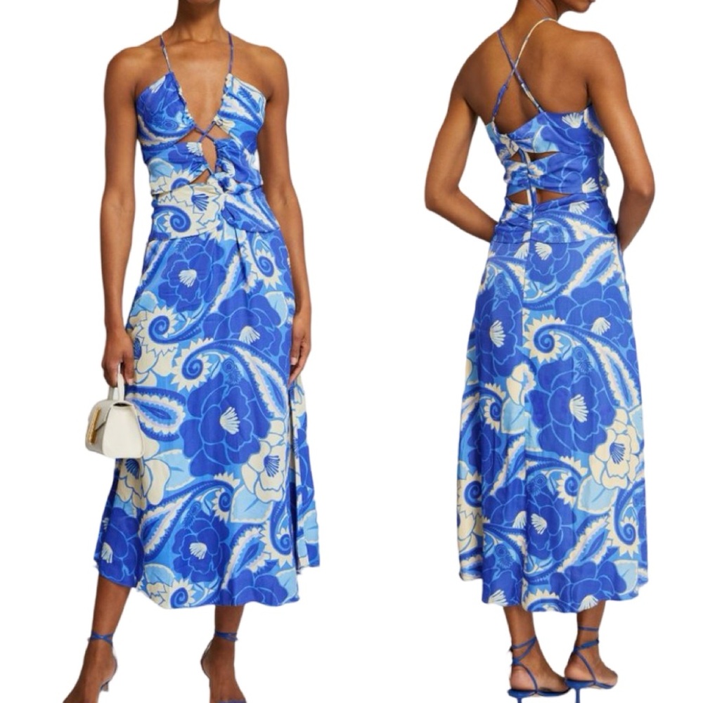 FARM Rio Blue Floral Midi Dress with Cream Accents
